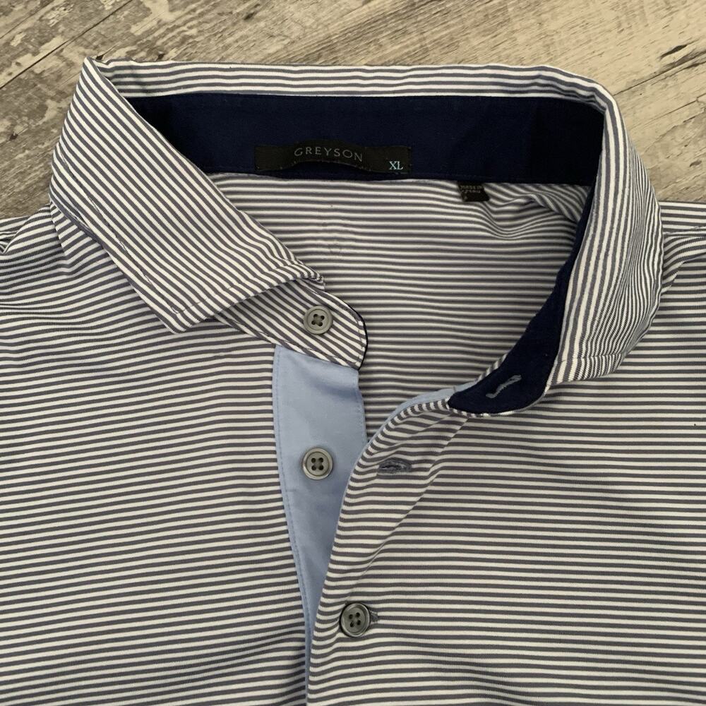 Greyson Golf Polo Shirt Mens XL Gray White Striped w Blue Performance Stout